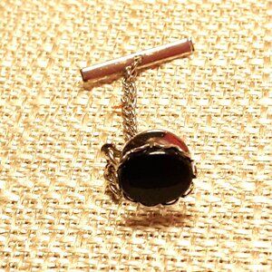 Vintage Silver-Tone Black Onyx Tie Tack Pin With Chain & Bar For Mens Accessorie